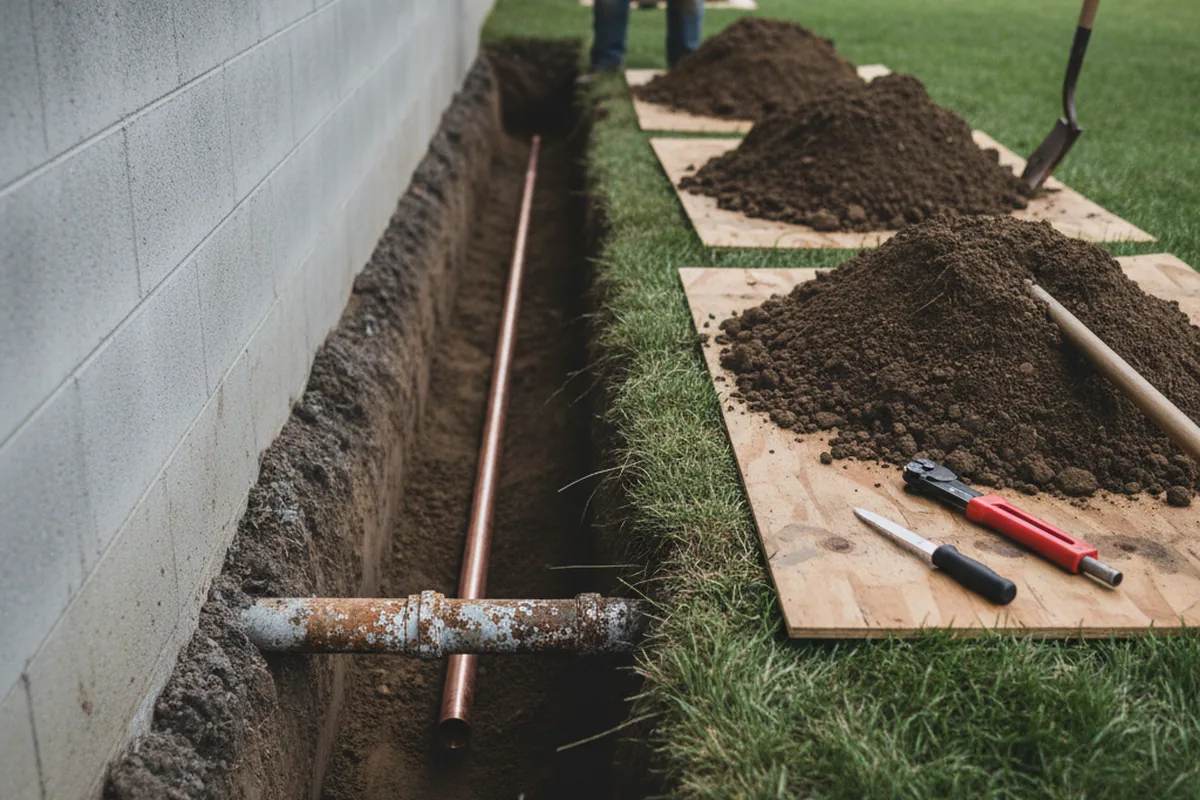 Excavated water line trench during Water Softener Installation in Millbrook
